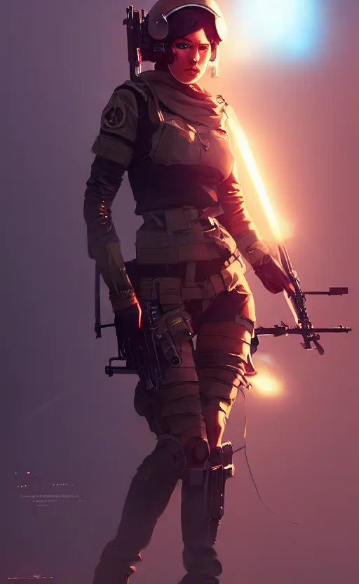 Prompt: of a sexy alluring sniper russian girl in war, with futuristic gear and helmet, portrait, hoding a arrowgun, in the style of greg rutkowski, artstation, high quality art, lighting flare effect