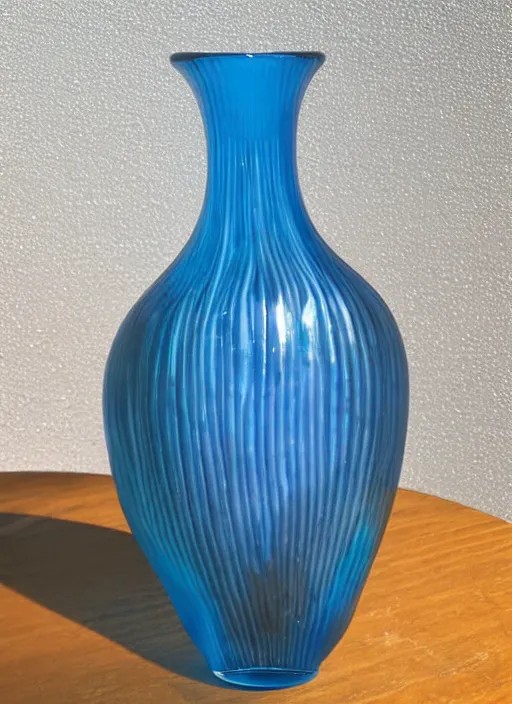 Prompt: Vase in the shape of a mushroom, with blue accents, designed by Rene Lalique