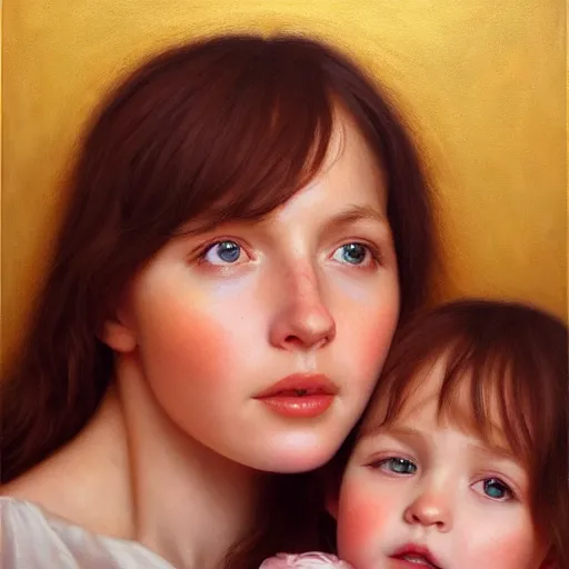 Prompt: pure love is patient love is kind, mother and child ; photorealistic oil painting by tom chambers ; highly detailed cute faces by wlop ; trending on artstation ; 8 k high resolution, symmetrical, cinematic, high coherence, golden ratio, rule of thirds, perfectly centered ; anatomically correct faces