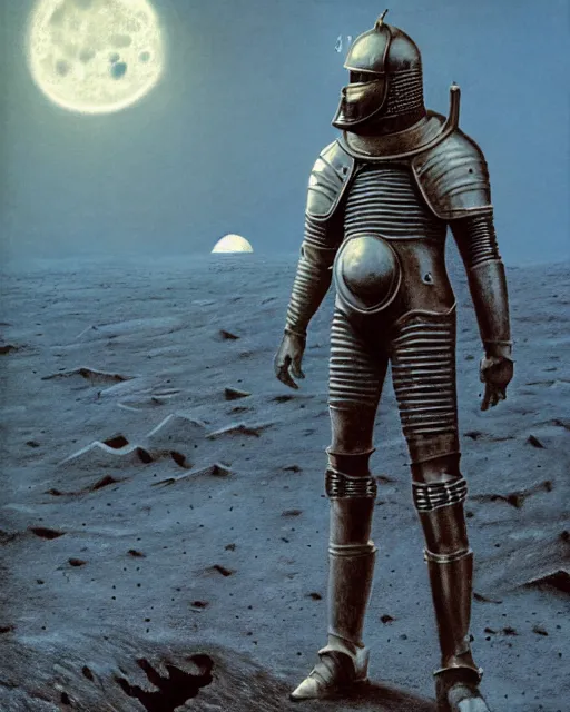 Image similar to crusader knight in armor standing on the moon, retrofuturism sci - fi old movie, highly detailed, photorealistic, 8 k, by beksinski and stalenhag