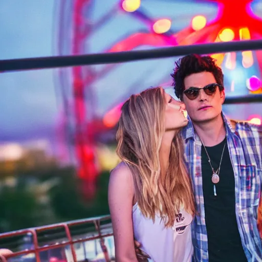 Image similar to john mayer on a ferris wheel making out with his model girlfriend in the middle of an amusement park. people have their families with them. it was the most awkward scene to ever happen to them. cinematic 8 k