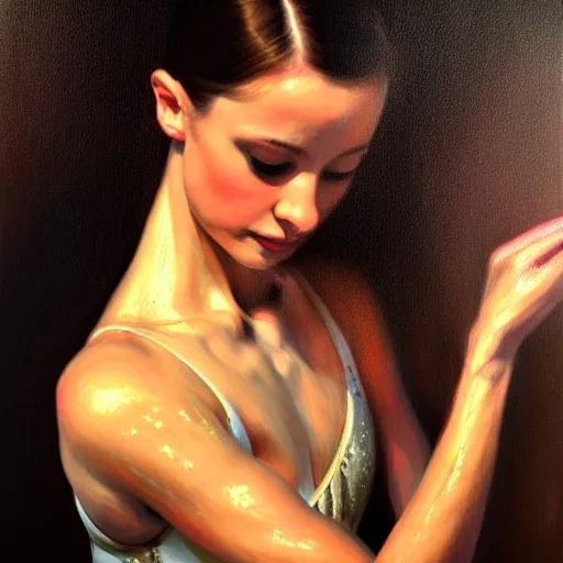 Image similar to portrait of a ballerina, very thick and wet oil paint, 8 k, cinematic light, shadows, reflection highlights in the paint, in the style of joseph lee,