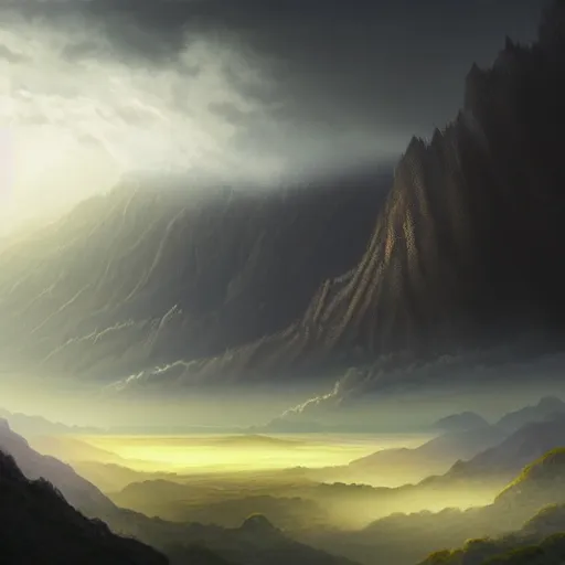 Prompt: a dark cloudy hand in the sky trying to reach the ground in a valley, matte painting, fantasy art
