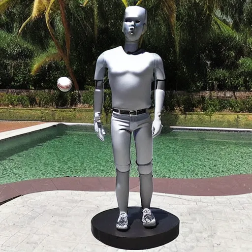 Image similar to “a realistic detailed photo of a guy who is an attractive humanoid who is half robot and half humanoid, who is a male android, baseball player Mike Trout, shiny skin, posing like a statue, blank stare, by the pool, on display”