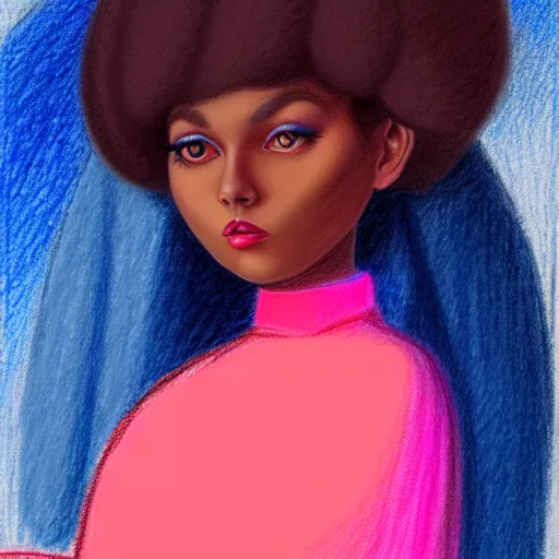 Image similar to crayon drawing of ☁✨🌙👩🏾, plus size woman, soft elegant gown, neon god of city character portrait, in the style of margaret keane, moebius, tom bagshaw, and waterhouse, cinematic lighting, beautiful, elegant, oil painting,