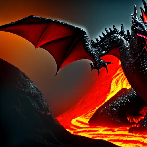 Image similar to black dragon with red eyes guarding his treasure in a lava cave, 4k, ultra realistic