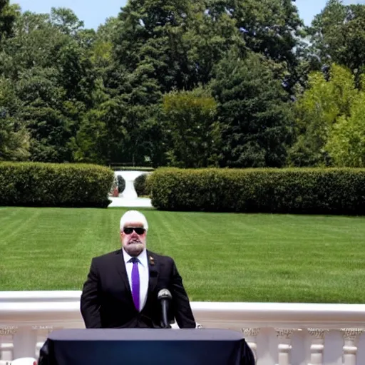 Prompt: realistic photo of scott steiner standing behind the podium during a press conference at the white house rose garden