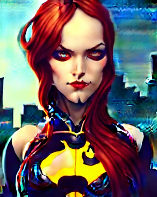 Prompt: phil noto, peter mohrbacher, thomas kinkade, artgerm, batgirl dc comics, red hair, symmetrical eyes, city rooftop