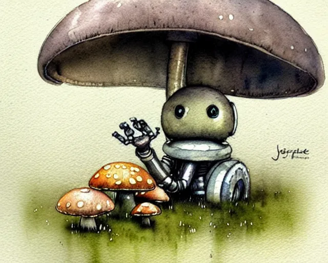 Image similar to a cute little robot sitting on the ground under mushrooms, hiding from the rain. gray sky, rain clouds, heavy rain. watercolor painting by jean - baptiste monge, muted colors