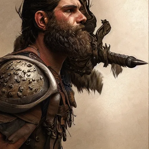 Image similar to portrait of a rugged ranger, muscular, upper body, hairy torso, D&D, fantasy, intricate, elegant, highly detailed, digital painting, artstation, concept art, smooth, sharp focus, illustration, art by artgerm and Greg Rutkowski and Alphonse Mucha