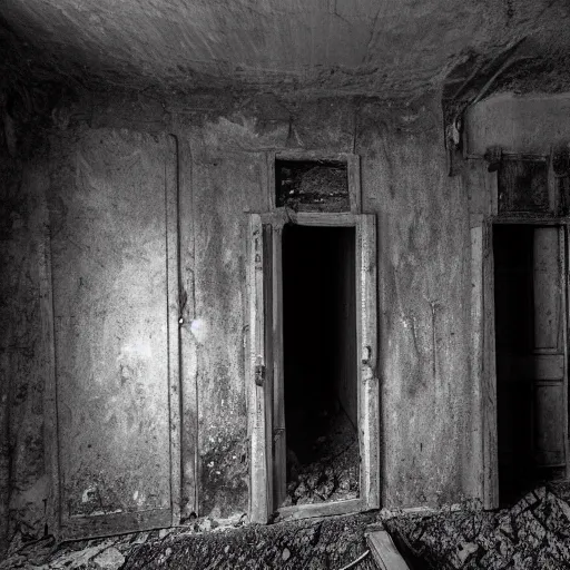 Prompt: photo of grey, hairless humanoids in a cellar of an abandoned house BW grainy