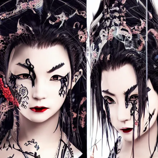 Image similar to japanese gothic model with maximalist hair style and kanji tattoos, dark colors, fashion model, portrait shot, depth of field, 8 k, hyper detailed, intricate, trending on artstation