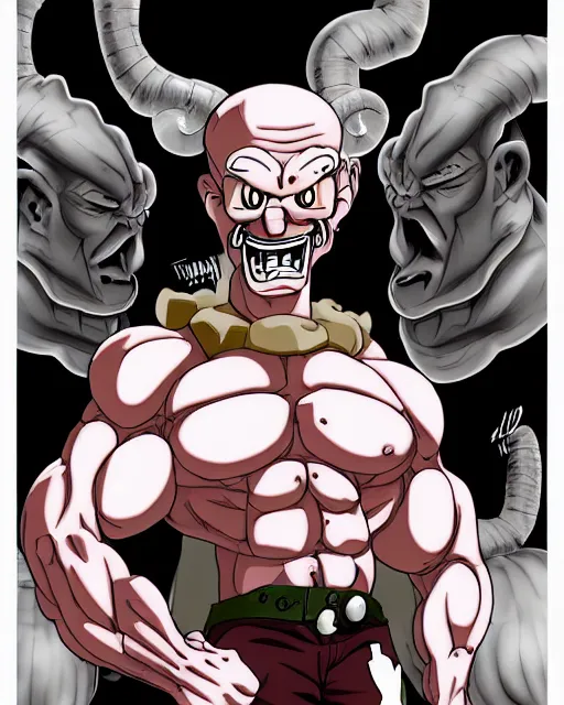 Image similar to Eustace Bagge as a bodybuilder anime villain, drawn by Yusuke Murata, full color, high octane, trending on artstation, digital art