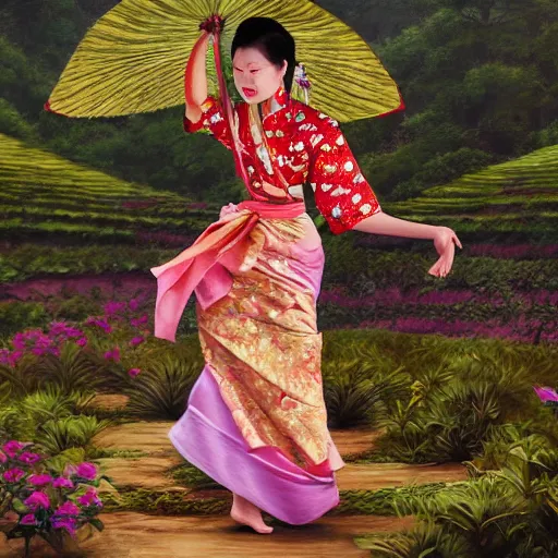 Image similar to thai lady dancing, cute face, floral print kimono, pai hills, cloudy, tea plantation, fantasy detailed trending on artstation, oil painting, dramatic lighting, eterea, high quality print, fine art with subtle redshift rendering