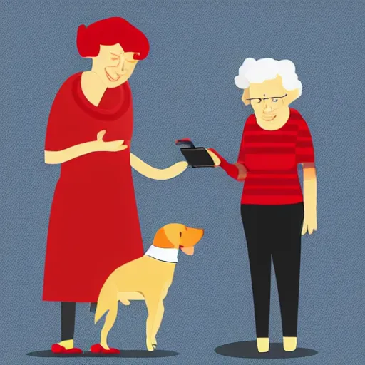 Prompt: a flat design illustration of a grandma with a dog. the grandma using a smart phone. the illustration using only solid colors, the colors are red, gray and white.