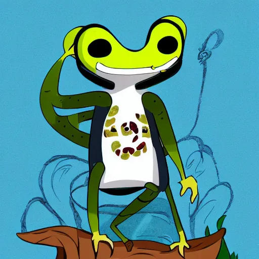 Image similar to anthro cartoon gecko wearing a hoodie, large cute eyes, in the jungle, animated, illustration, concept art.