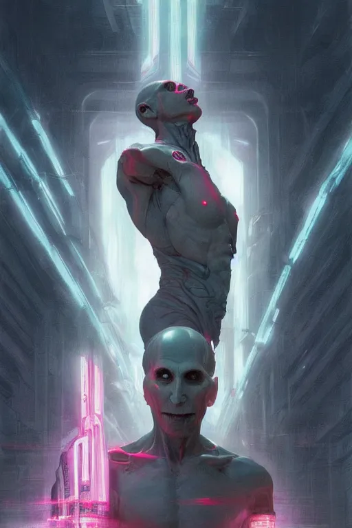 Image similar to cyborg Lord Voldemort without nose in cyberpunk, neon lighting, digital art from artstation by Ruan Jia and Mandy Jurgens and Artgerm and william-adolphe bouguereau and Greg Rutkowski and Wayne Barlowe