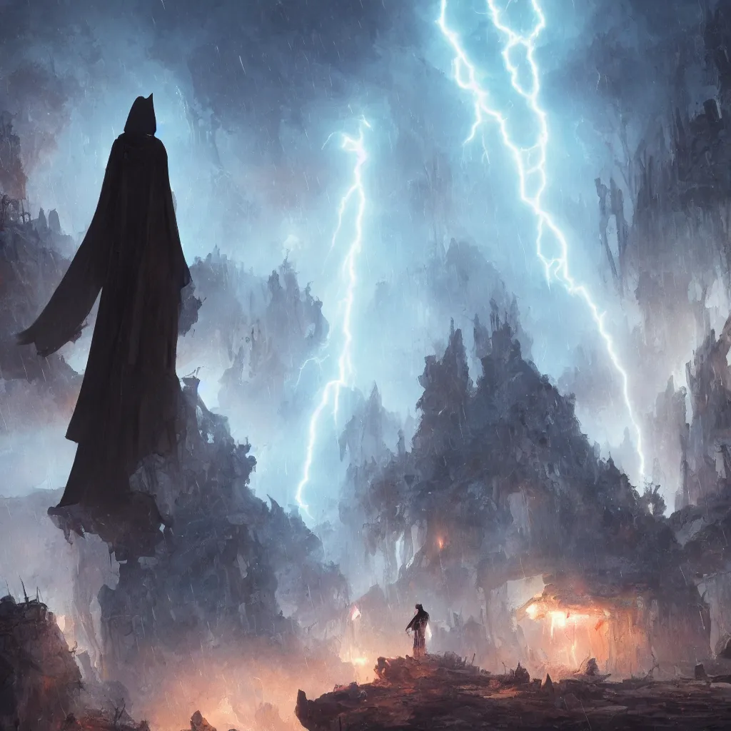 Prompt: a still of a cloaked figure standing in the ruins of crux prime, bree, lantern - lit town, there is lightning, blue fiery maelstrom in the distance, it is raining, digital art, artstationhq