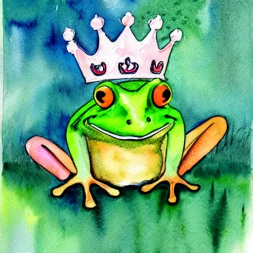Prompt: beautiful watercolor painting of a frog wearing a crown in swamp