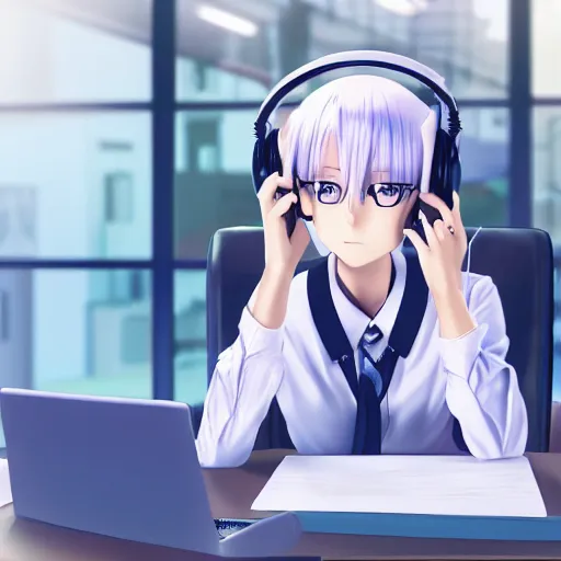Image similar to anime girl with white hair and blue eyes, wearing cat ear headphones, sitting at desk at keyboard, programming, pixiv, anime