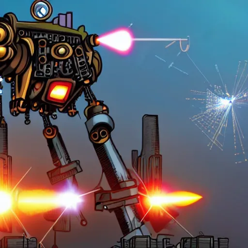 Prompt: A steampunk-style mech with machine guns, rocket launchers, and lasers towering over a city