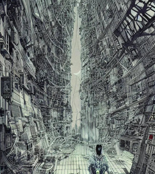 Image similar to colored manga, by tsutomu nihei, tarkovsky, majestic ancient tower of babylon of terror, a woman in cyber clothing, hyperrealistic, blame manga, full color, cyber architecture, intricate, illustration, kilian eng, concept art, hyper - detailed, smooth, masterpiece, epic, cinematic, high quality