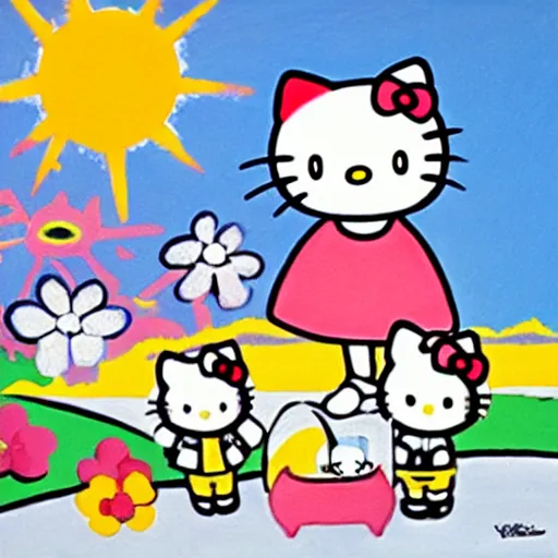 Prompt: painting of hello kitty and her friends playing outside on a sunny day, by yoko shimizu, by sanrio