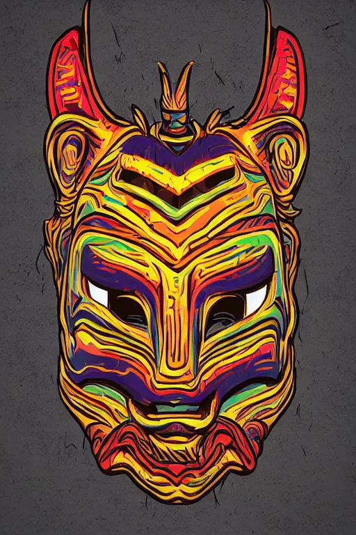 Image similar to totem animal mask tribal feather gemstone plant wood rock shaman vodoo video game vector cutout illustration vivid color borderlands comics by josan gonzales and dan mumford radiating a glowing aura
