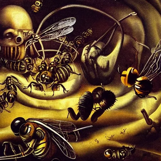 Prompt: bumblebees attacking sleeping people in hell, art by bosch, dali, giger, highly detailed, masterpiece