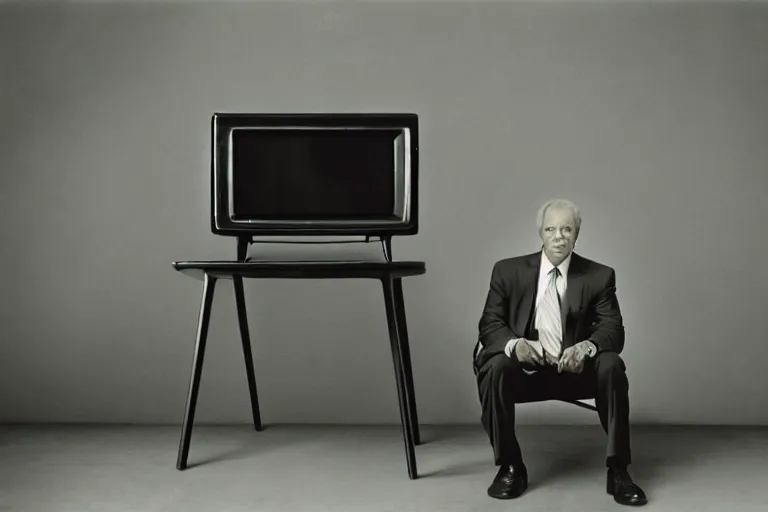 Image similar to a business man with a tv set for a head, annie liebovitz photography