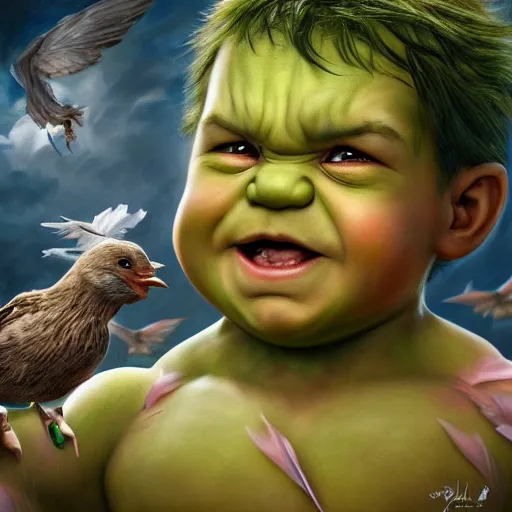 Image similar to a baby hulk with wings flying with birds, oil on canvas, portrait, intricate, 8k highly professionally detailed, HDR, CGsociety