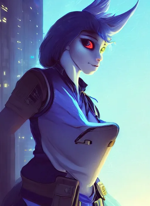 Prompt: A beautiful portrait commission of a female furry anthropomorphic avian blue bird fursona wearing a security guard uniform with a bullet proof vest. Cyberpunk city at night. Atmospheric. Character design by charlie bowater, ross tran, artgerm, and makoto shinkai, detailed, inked, western comic book art. 🐦