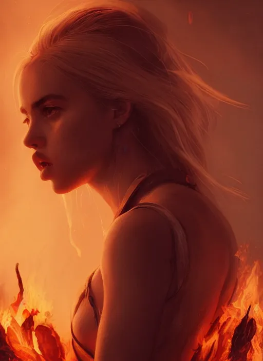 Image similar to evil pretty blond girl demon spawn surrounded by fire tornadoes, flawless symmetrical pretty cute face, ana de armas, greg rutkowski, 8 k, shallow depth of field, intricate detail, concept art,