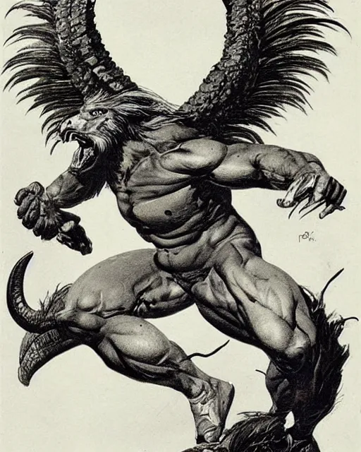 Prompt: human / eagle / lion / ox hybrid with two horns, one big beak, mane, human body. drawn by frank frazetta