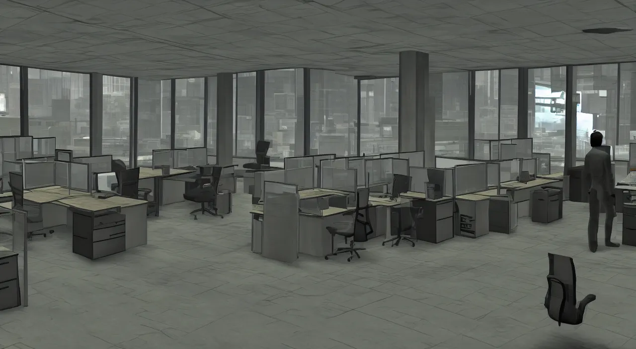 Prompt: A man in the office at 3AM with multiple cubicles and a window that provides a view of the city, Source Engine, Gmod, Half Life 2