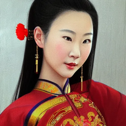 Image similar to 'hyper realism portrait of Chinese princess by Zhong, Fenghua, stunning, detailing, artstation trending, perfect lighting, golden hour'