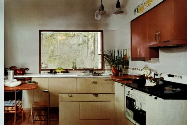 Prompt: a dimly lit retro 1970s kitchen with vintage decor