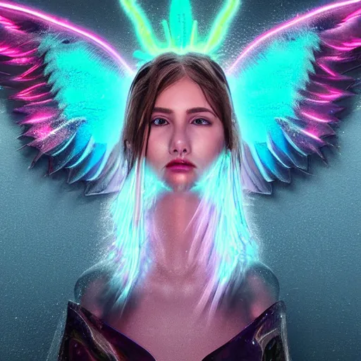 Prompt: angel spirit guide, cartoon portrait made out of rain, realistic, highly detailed, neon, rendered in octane, unreal engine, beautiful, trending on artstation,