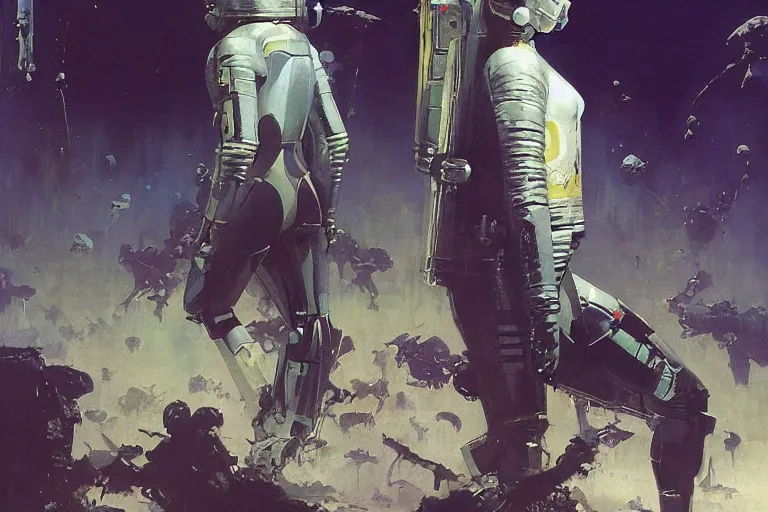 Image similar to pulp scifi fantasy illustration full body portrait of elegant woman wearing spacesuit, by norman rockwell, jack kirby, john berkey, bergey, craig mullins, ruan jia, raymond swanland, jeremy mann, beksinski, tom lovell, rodney matthews