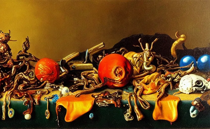 Image similar to disturbing colorful oil painting dutch golden age vanitas still life with bizarre objects strange gooey surfaces shiny metal bizarre insects rachel ruysch dali todd schorr very detailed perfect composition rule of thirds masterpiece canon 5 0 mm, cinematic lighting, photography, retro, film, kodachrome