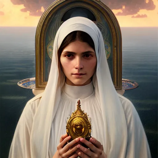 Prompt: portrait painting of a our lady of fatima, ultra realistic, concept art, intricate details, highly detailed, photorealistic, octane render, 8 k, unreal engine. art by artgerm and greg rutkowski and magali villeneuve and alphonse mucha