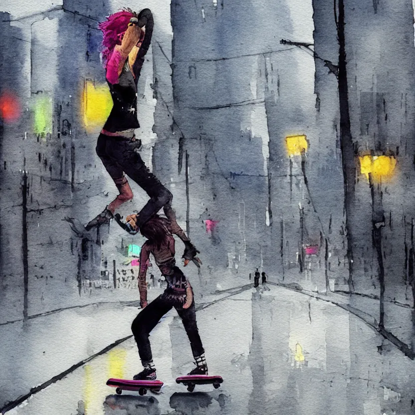 Image similar to punk girl skateboarding in the city, simple watercolor, rough paper texture, backlit cyberpunk buildings, wet roads at night reflecting the lights from buildings, dust, fog, cloudy night sky, dslr, 4 k, fisheye