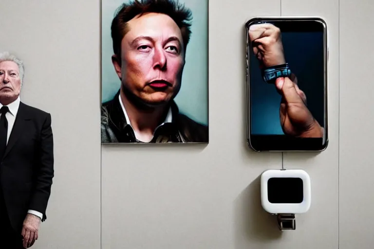 Image similar to hyperrealism aesthetic ridley scott and denis villeneuve style fashion photography of a detailed hyperrealism elon musk, siting on a detailed hyperrealism toilet and scrolling his detailed smartphone in hyperrealism scene from detailed art house movie in style of alejandro jodorowsky and wes anderson