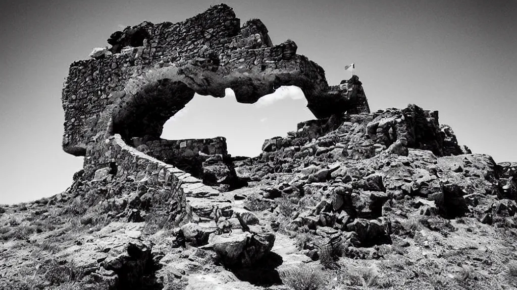 Image similar to a ruin of rocky stairs going up into the sky in the middle of a desert plane, surrealism photography by Sarolta Bán