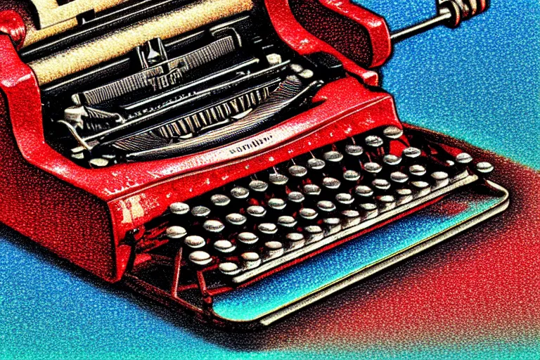 Image similar to typewriters!, in the style of john avon and raul urias and eva widermann, trending on artstation, halfrear lighting closeup view anaglyph filter, bokeh, anime, colored pencil art, belle epoque