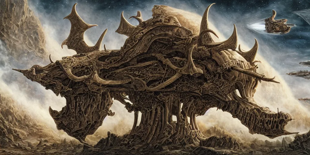 Prompt: cinematic shot of a sci-fi spaceship in the shape of a demonic goat skull, Dan Seagrave art