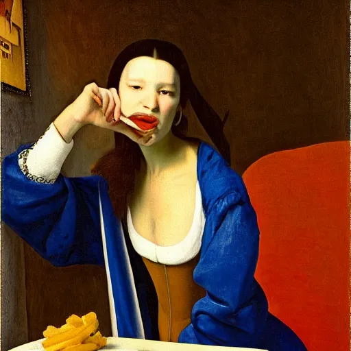 Prompt: dua lipa eating too many fries, johannes vermeer, ultra detailed, ultra realistic