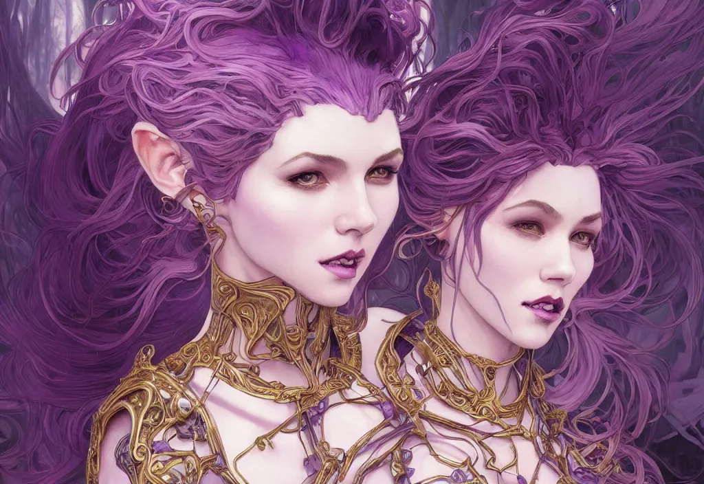 Image similar to close up portrait vampire with purple hair in sci - fi bionic armor, highly detailed, very intricate, art nouveau, gold filigree, romantic storybook fantasy, soft cinematic lighting, award - winning, disney concept art watercolor illustration by mandy jurgens and alphonse mucha and alena aenami, pastel color palette, featured on artstation