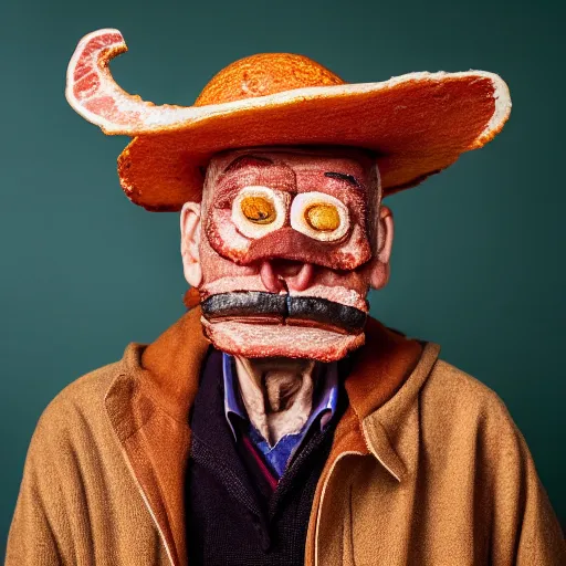 Prompt: an elderly man wearing a mask made from bacon, bold natural colors, national geographic photography, masterpiece, 8 k, raw, unedited, symmetrical balance