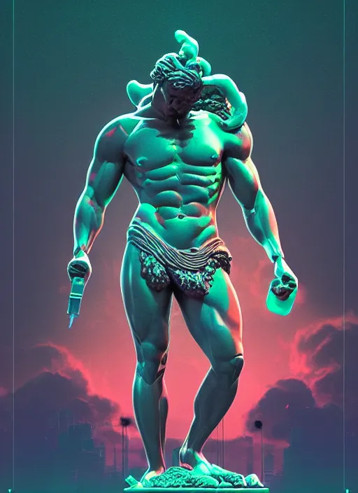 Image similar to statue of hercules, heroic, beeple, android jones, dan mumford, vaporwave, retrowave, black background, neon wiring, black, glitch, strong contrast, cuts, pinterest, trending on artstation